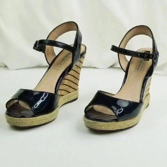 Charles David Size 8 Womens Black Patent Leather Ankle Strap Wedge Heel Peep Toe - Picture 7 of 12